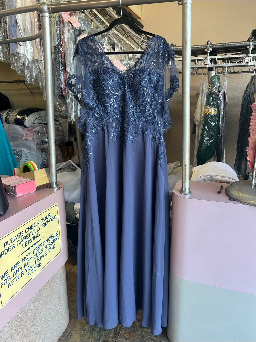 Embellished Slate Blue Maxi Dress with Sheer Short Sleeves